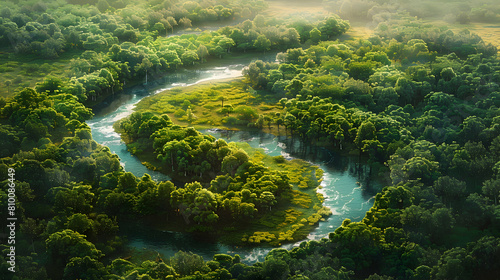 Dynamic aerial view of a sprawling scrub forest intersected by a winding river  capturing the lush greenery and biodiversity