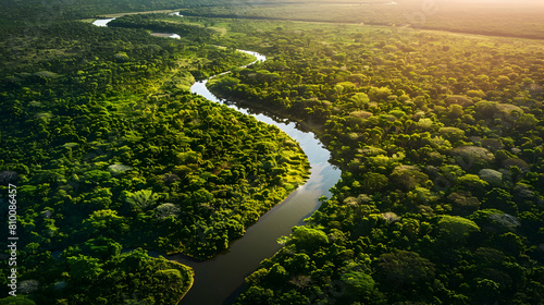 Dynamic aerial view of a sprawling scrub forest intersected by a winding river  capturing the lush greenery and biodiversity