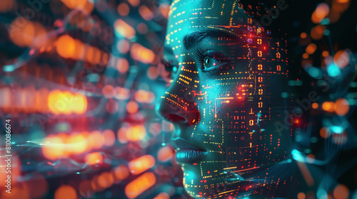 Artistic representation of artificial intelligence with circuitry and human faces in vibrant colors. photo