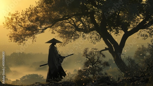 high resolution photograph, silhouette of a ronin, amidst a natural landscape, adorned with traditional attire, wide-brimmed hat, holding a katana photo