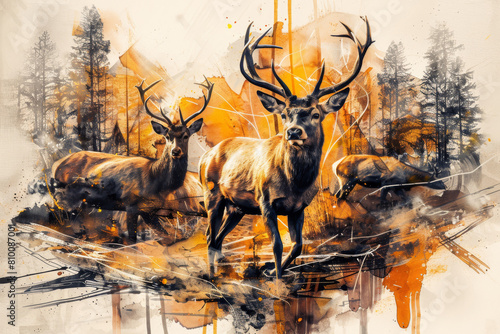 Obraz na płótnie Vintage Painting of an Deer Herd in muted colors w salonie