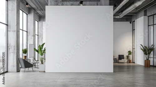 White industrial open space office corner with blank wall hyper realistic 