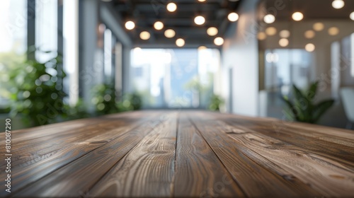 Wood table top and blurred bokeh office interior space background - can used for display or montage your products. hyper realistic 