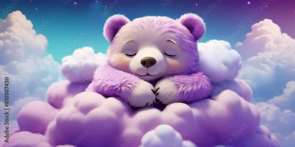 Teddy bear sleeping on the clouds, Teddy bear on blue sky background, cute and adorable purple pinkish teddy bear on clouds in sky Generative AII Teddy bear sleeping on the clouds, Teddy bear on blue sky background, cute and adorable purple pinkish teddy bear on clouds in sky Generative AII