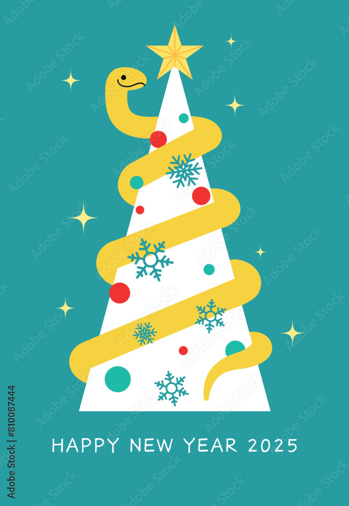 Year of the snake christmas tree design for chinese new year 2025. Zodiac snake on a winter Christmas tree with decorations and snowflakes. Year of the snake christmas tree design for chinese new year 2025. Zodiac snake on a winter Christmas tree with decorations and snowflakes.