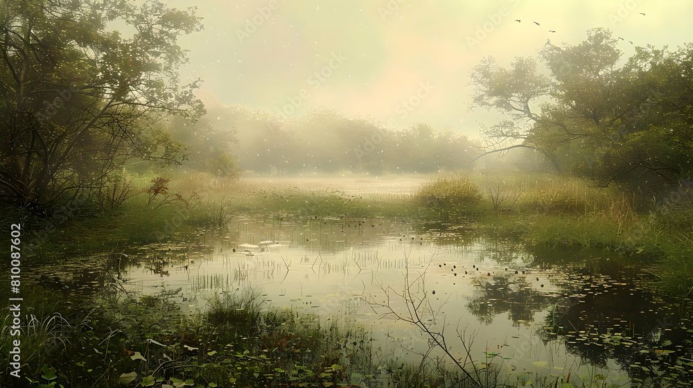 Early morning fog enveloping a floodplain, with distant calls of wild animals and the gentle rustling of leaves