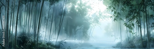 Early morning fog envelops a bamboo forest  creating a mystical atmosphere with soft  diffused light captured in high definition