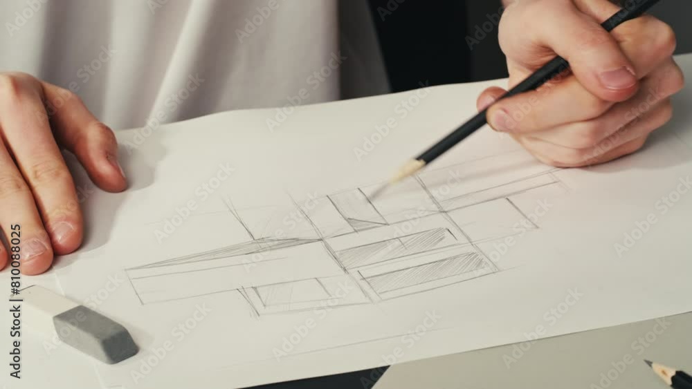 Close-up of drawing buildings by pencil on white paper. The architect making sketches for the projection of the building macro. Drawing and sketching lessons Close-up of drawing buildings by pencil on white paper. The architect making sketches for the projection of the building macro. Drawing and sketching lessons