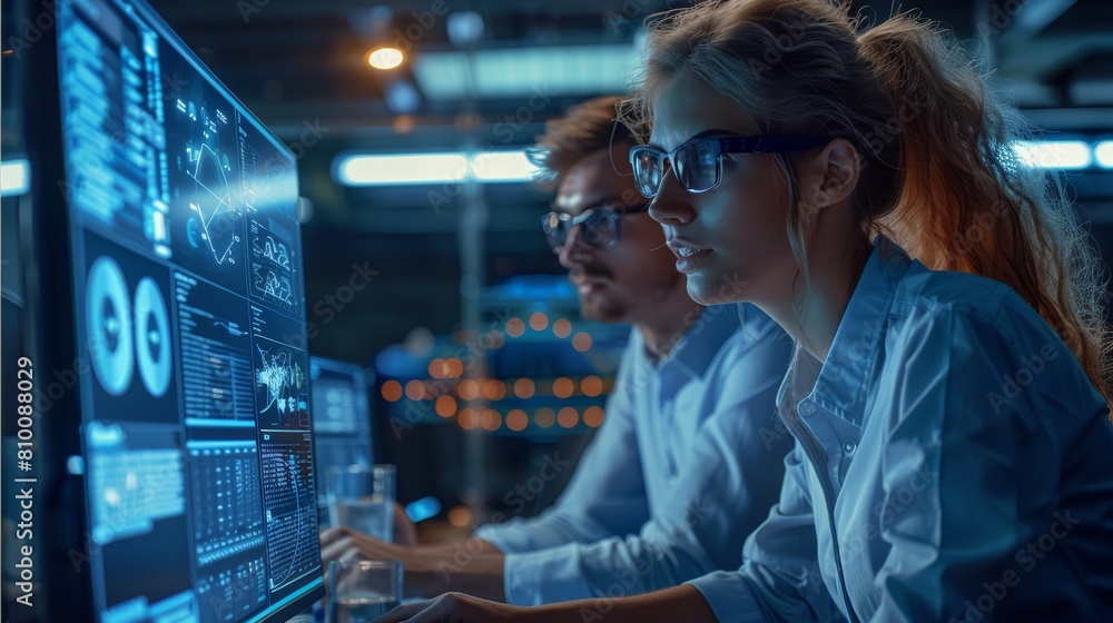 Business people working on futuristic led monitor, blue colors, industrial environment. Generative AI. Business people working on futuristic led monitor, blue colors, industrial environment. Generative AI.