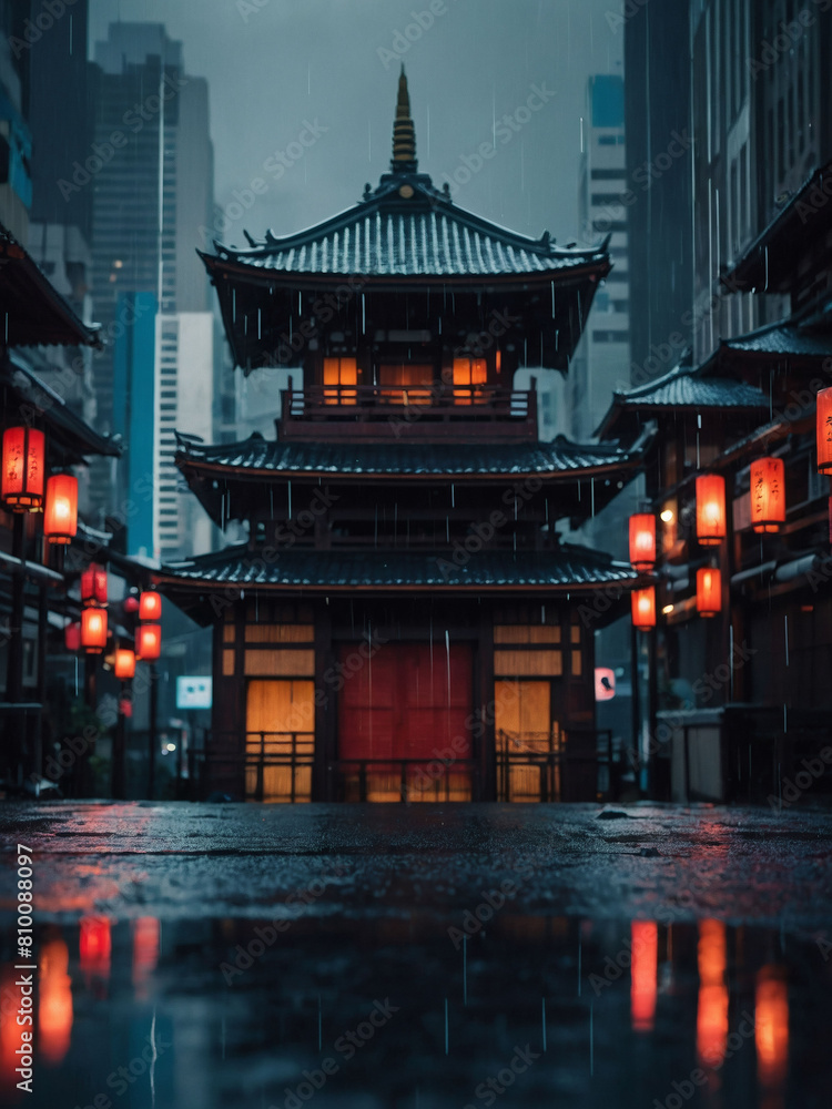 Rainy cyberpunk city, Moody scene with a Japanese temple in abstract art.