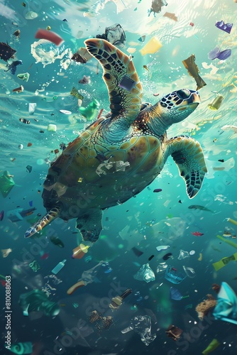 A beautiful sea turtle swims through a sea of plastic. The turtle is graceful and serene  but the plastic is a reminder of the dangers that our oceans face.