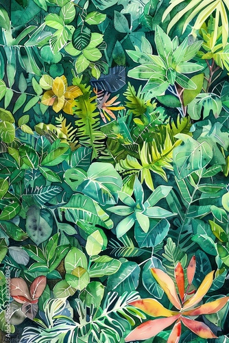 A lush tropical jungle scene with a variety of green leaves and a few red flowers. The leaves are all different shapes and sizes, and the flowers are a bright red.