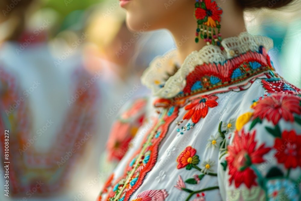 Close-up of a woman adorned in traditional Hungarian folk dress