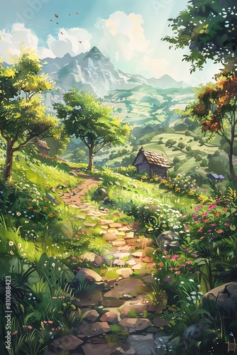 A beautiful landscape painting of a winding stone path leading through a lush green field, with a small cottage nestled in the distance