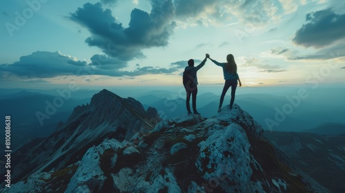 Couple celebrating success on mountain top by holding hands up in the air hyper realistic  photo