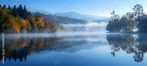 Early morning mist rising from a calm lake, with the surrounding trees and distant mountains reflected perfectly on the water surface
