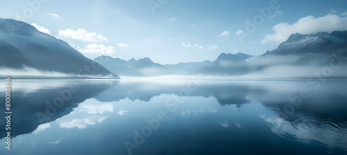 Early morning mist rising from a calm glacial lake, with distant mountains shrouded in fog