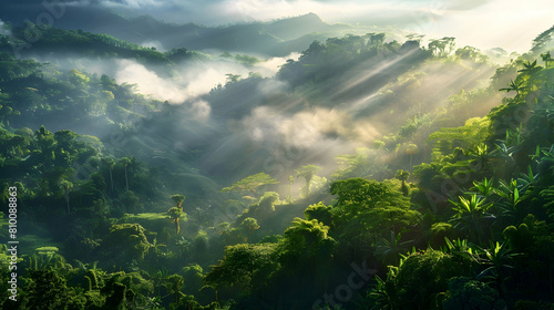 Early morning mist rising from a steep escarpment covered in lush green foliage, with sunlight filtering through the trees © Muhammad