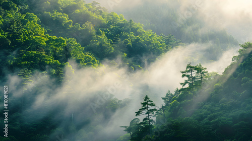 Early morning mist rising from a steep escarpment covered in lush green foliage, with sunlight filtering through the trees © Muhammad