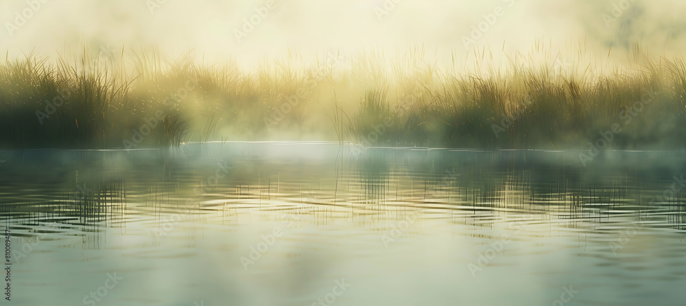 Early morning mist rising from a lowland marsh, with subtle hints of green and brown vegetation peeking through Early morning mist rising from a lowland marsh, with subtle hints of green and brown vegetation peeking through