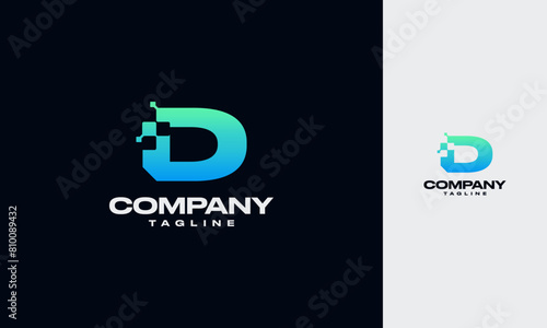 D Initial letter with Digital Pixels Technology Logo Vector design template