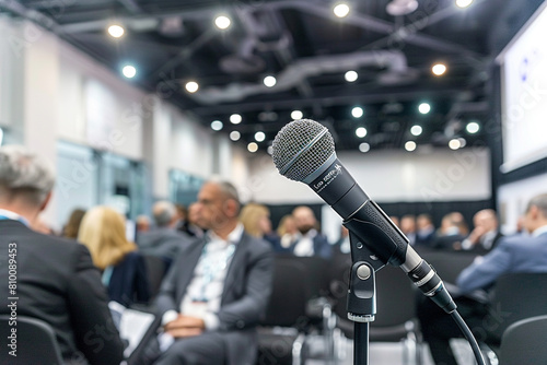A microphone stands ready for questions in an economic symposium