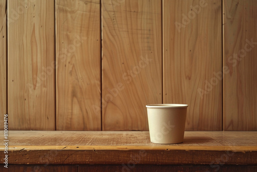 A minimalist composition of a latte cup against a wooden backdrop