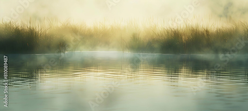 Early morning mist rising from a lowland marsh, with subtle hints of green and brown vegetation peeking through