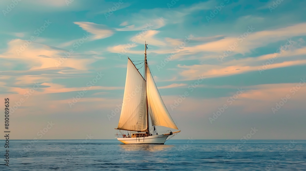 a sailboat gracefully gliding across the open expanse of the ocean, its billowing sails catching the gentle breeze, against a backdrop of a cloudy blue sky with wispy clouds in the distance