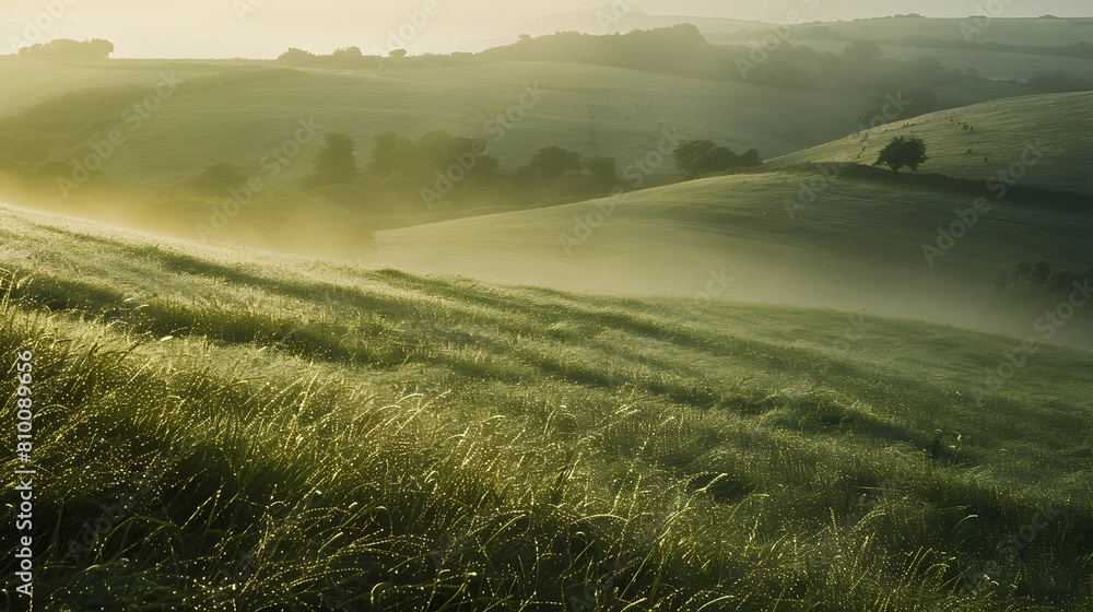 Obraz premium Early morning mist settling over the gentle slopes of chalk downs, with dew-covered grass shimmering in the sunrise