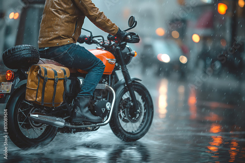 Biker riding in the rain with a vintage feel photo