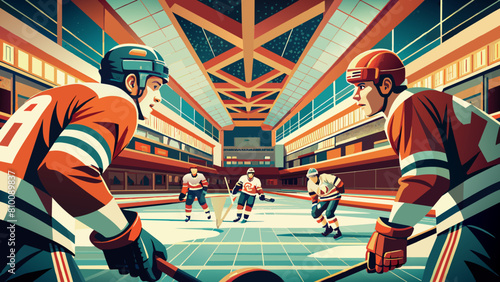 Intense Faceoff Moment in a Retro-Style Ice Hockey Match