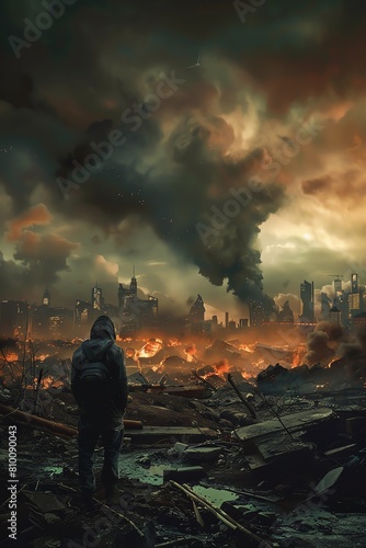 A lone figure stands amid the ruins of a city, surveying the destruction wrought by war