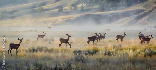 Early morning on the high plains, with dew-covered grass and a herd of deer grazing in the foreground