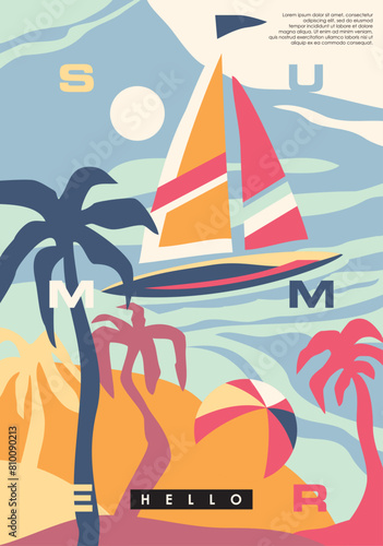 Summer beach with palm trees, beach ball and sailing boat. Sandy shore colorful banner graphic, Sea and sun vector illustration.