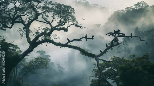 Early morning scene in a cloud forest with birds perched on tree branches, surrounded by thick mist and the sounds of nature photo