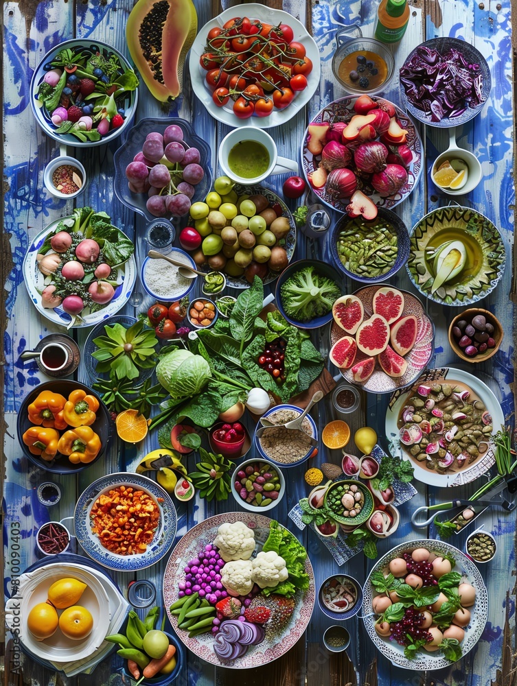 A table full of colorful fruits, vegetables, and other healthy foods. The table is made of wood and painted blue. The food is arranged in a visually appealing way.