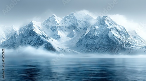   A photo of a mountain range surrounded by water with a hazy sky in the backdrop