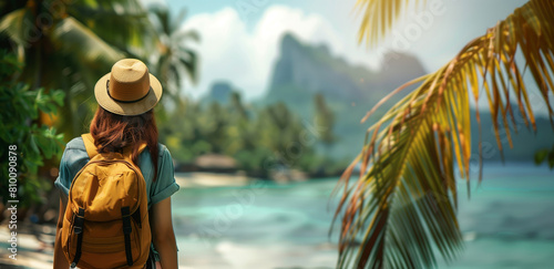 Woman with a backpack and hat standing on a tropical island and looking at the sea. Summer travel concept.