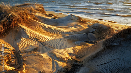 Golden hour lighting up the textures of coastal sand dunes, with long shadows casting intricate patterns, and a calm sea in the background