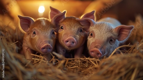 Cute little pigs sit in hay