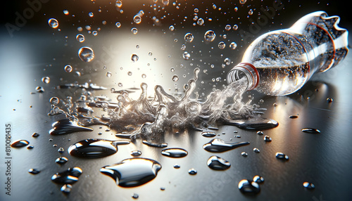 Water bottles spilled on the floor, water spilled on the black floor