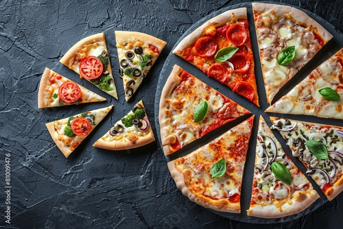 Assortment of sliced â€‹â€‹pizzas on a black stone background. View from above. place for text. 