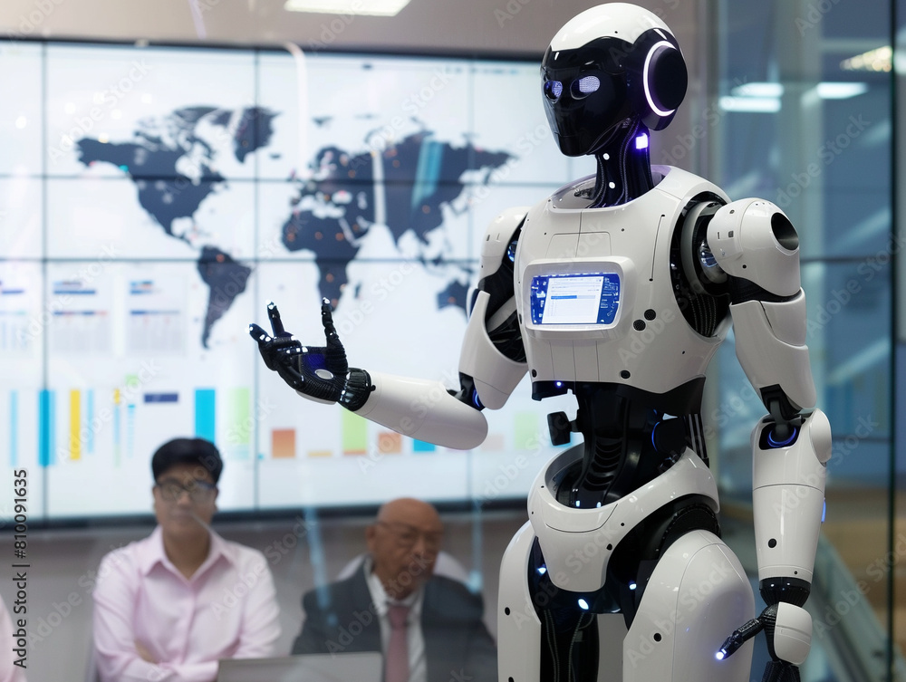 A cybernetic robot business analyst in a smart casual outfit explaining a dynamic digital dashboard to a diverse group of professionals , hyper realistic, low texture, low noise A cybernetic robot business analyst in a smart casual outfit explaining a dynamic digital dashboard to a diverse group of professionals , hyper realistic, low texture, low noise