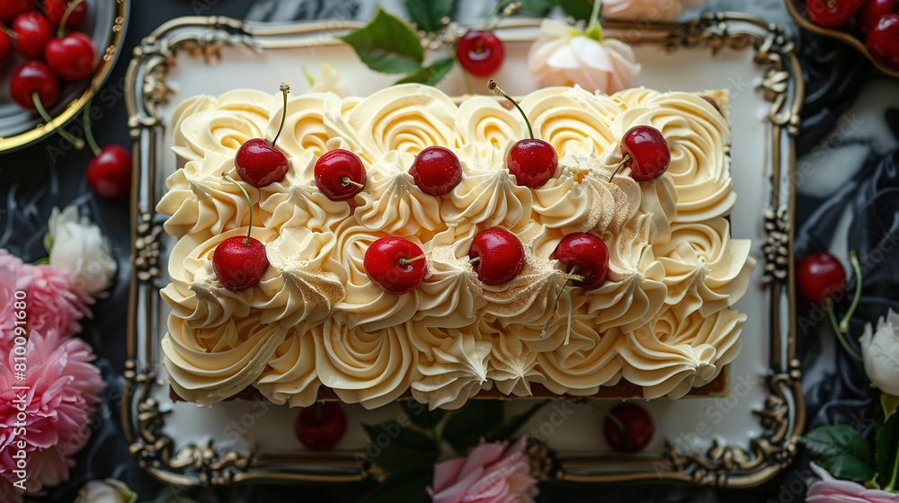Close-up cake with cherries & flowers in background Close-up cake with cherries & flowers in background