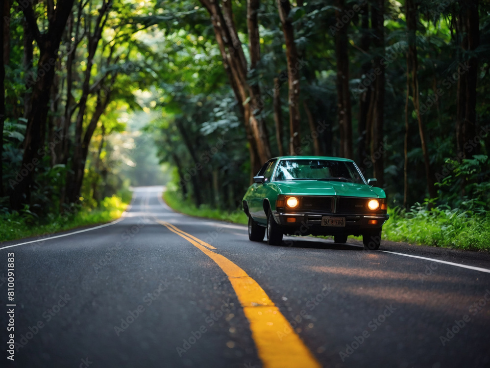 Road Trip Through Nature, Car on Asphalt Road Cutting Through Green Forest Road Trip Through Nature, Car on Asphalt Road Cutting Through Green Forest