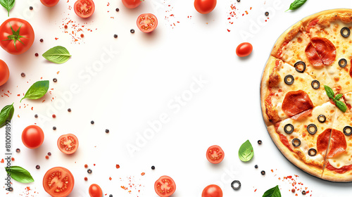  Illustration of a pizza on a white background, with space for text