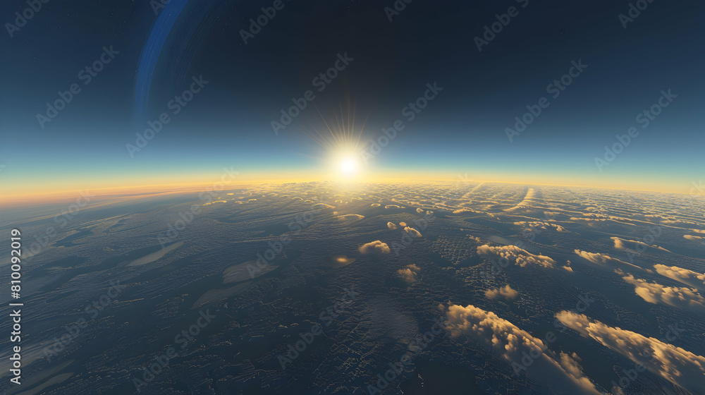 High-altitude view of polar mesospheric clouds, delicately lit by the midnight sun at extreme latitudes, floating serenely above the Earth