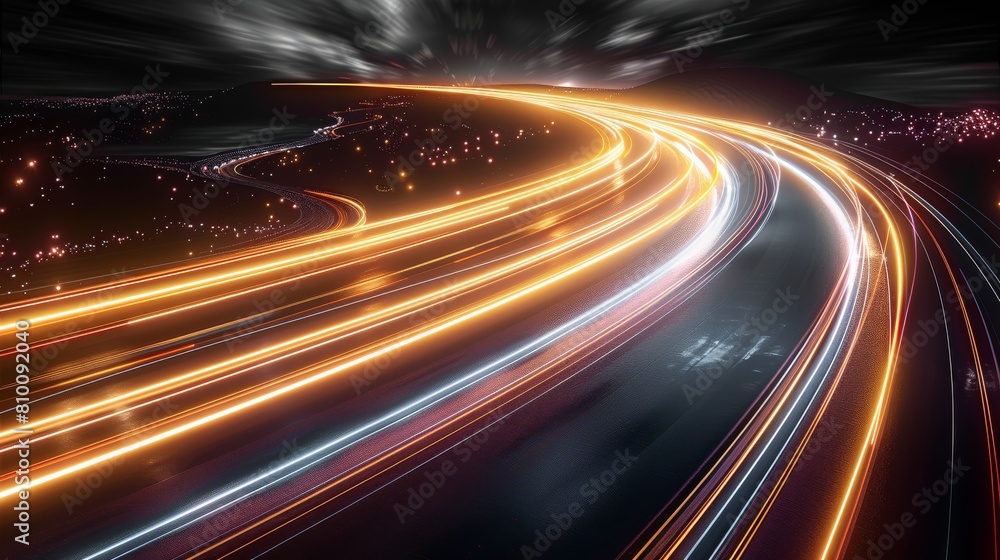 Abstract Speed light trails effect path, fast moving neon futuristic technology background, future virtual reality, motion effect, curve of neon bright, highway speed light. Generative AI. Abstract Speed light trails effect path, fast moving neon futuristic technology background, future virtual reality, motion effect, curve of neon bright, highway speed light. Generative AI.