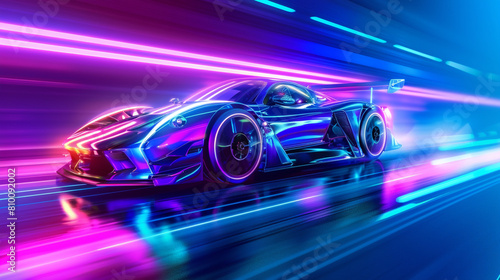 A cybernetic robot driver skillfully maneuvering an electric sports car through a neon-lit urban landscape at night